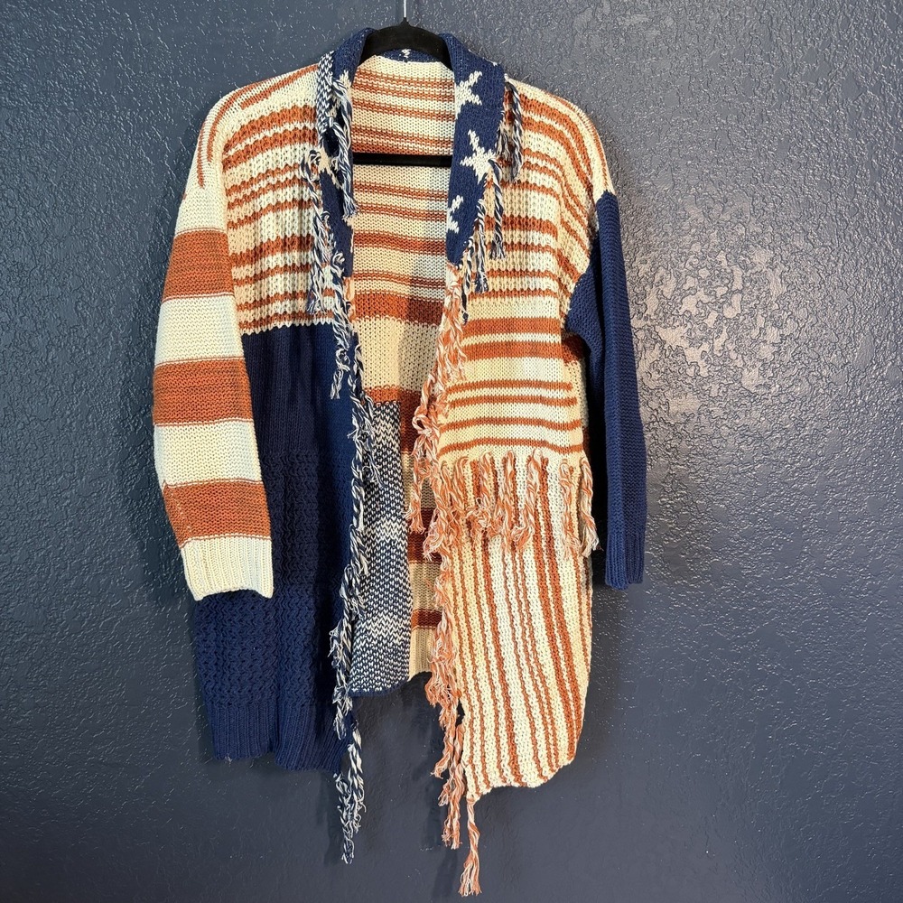 Cardigan XL‎ Red White Blue American Flag Fringe Open Front Sweater July 4